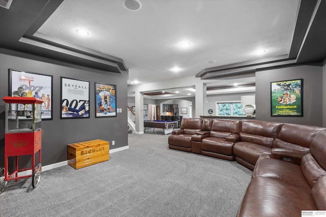 carpeted living room with billiards and a tray ceiling