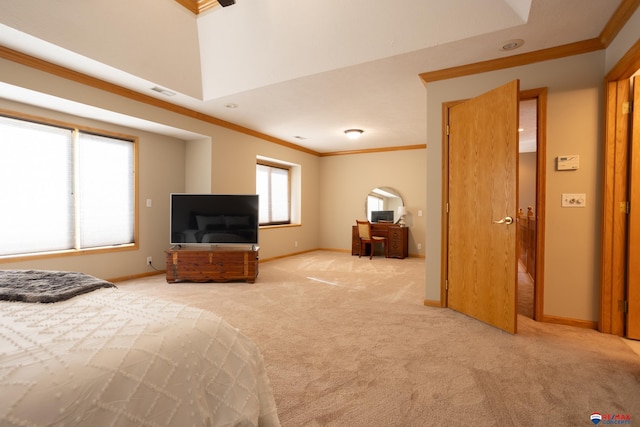 carpeted bedroom featuring ornamental molding and multiple windows