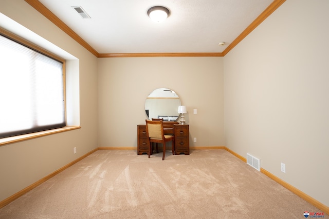 office space with light carpet and ornamental molding