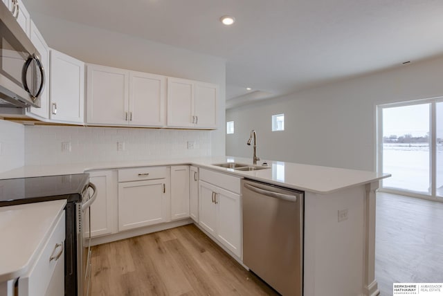 kitchen featuring white cabinets, sink, light hardwood / wood-style flooring, kitchen peninsula, and stainless steel appliances