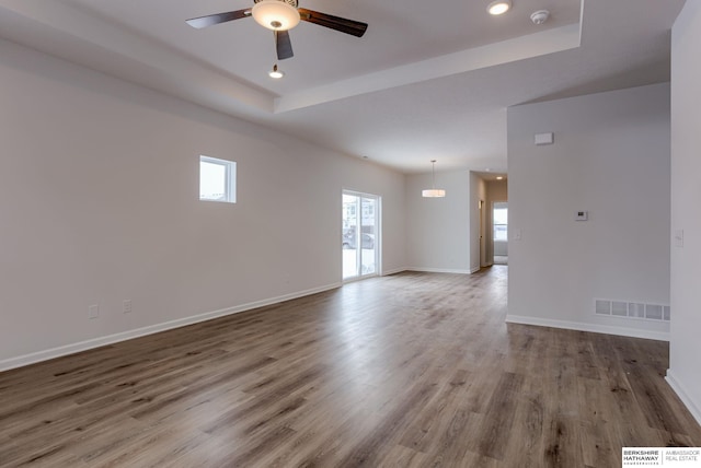 spare room with a tray ceiling, plenty of natural light, and ceiling fan