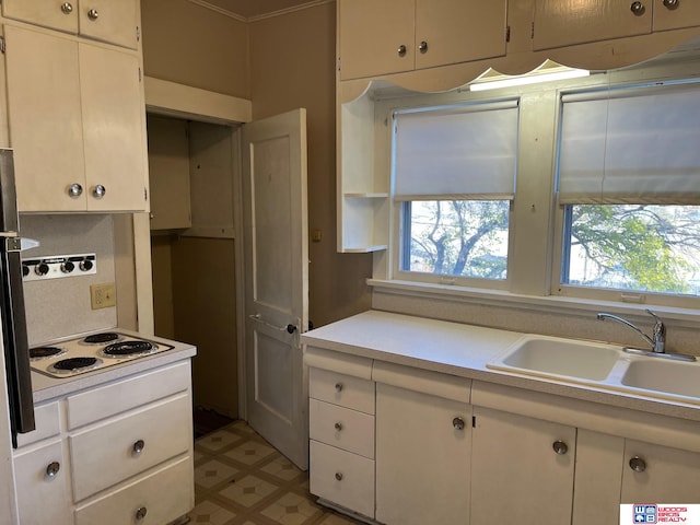 kitchen featuring white cabinets, backsplash, white electric cooktop, and sink