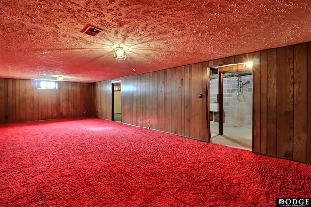 basement with a textured ceiling and wooden walls