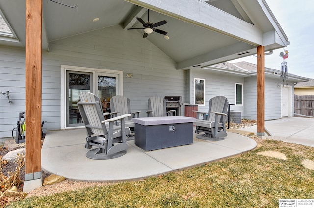 view of patio featuring ceiling fan and a grill