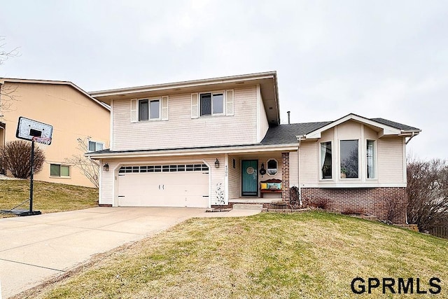 front facade featuring a garage and a front lawn