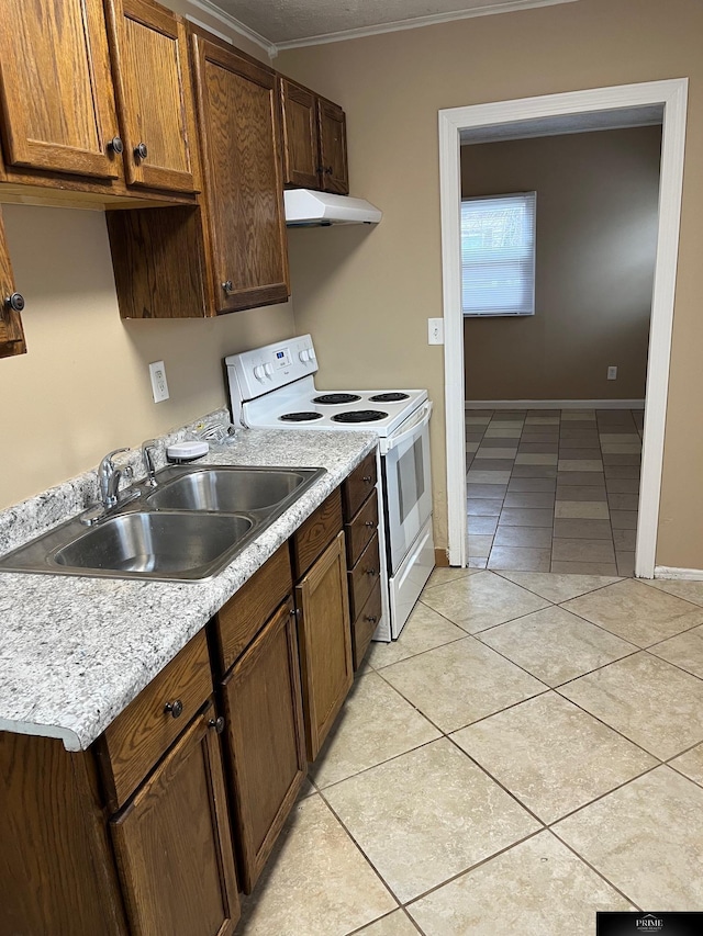 kitchen with white electric range, light tile patterned floors, ornamental molding, and sink