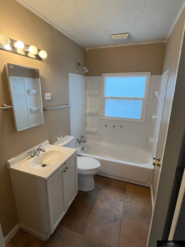 full bathroom with vanity, washtub / shower combination, crown molding, toilet, and a textured ceiling