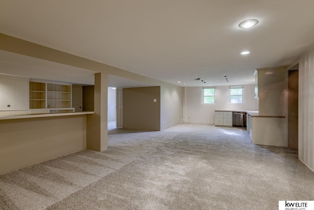 basement with light colored carpet