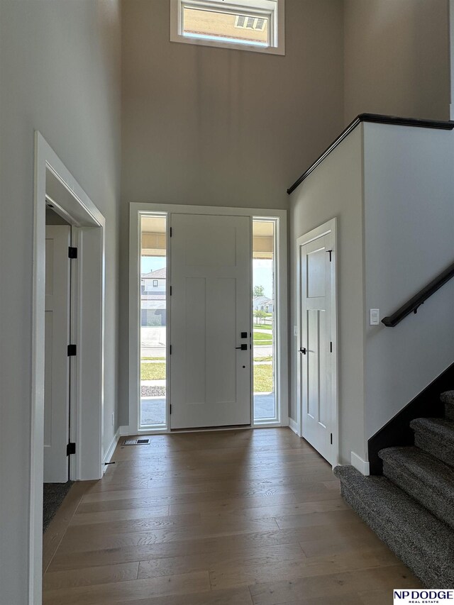 foyer entrance featuring a wealth of natural light, a high ceiling, and light wood-type flooring