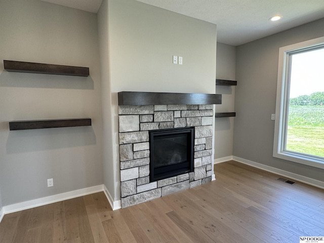 room details with wood-type flooring and a stone fireplace