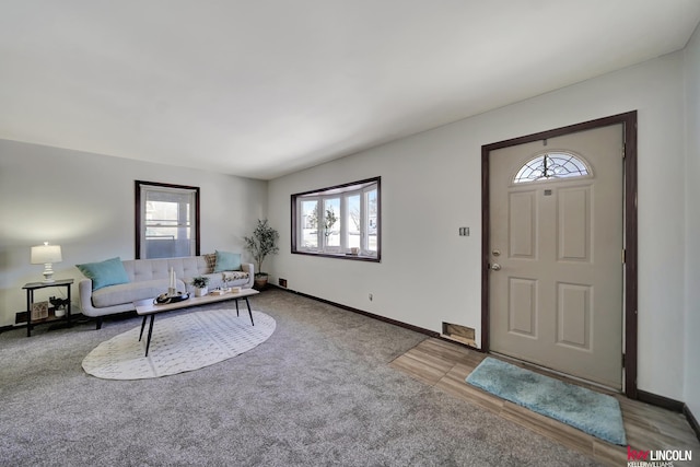 carpeted entryway featuring plenty of natural light