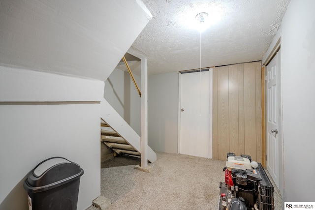 basement with carpet, a textured ceiling, and wooden walls