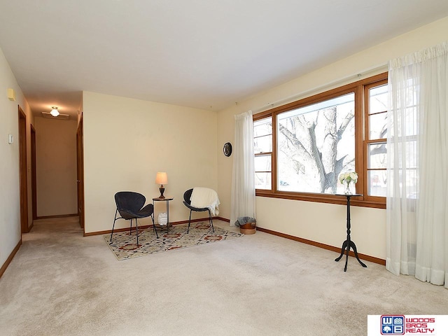 sitting room with light colored carpet