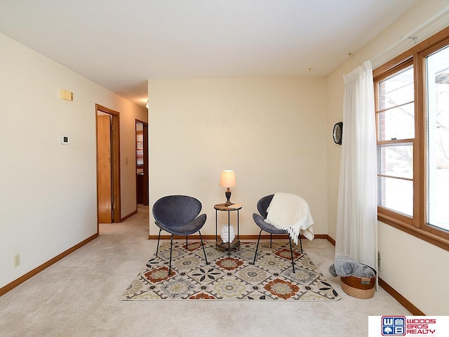 sitting room featuring light carpet