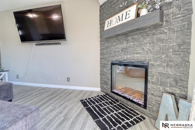 details with hardwood / wood-style floors and a stone fireplace