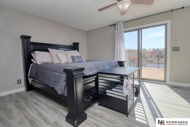 bedroom featuring ceiling fan, access to exterior, and light hardwood / wood-style flooring