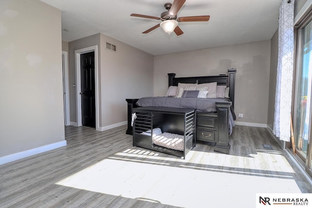 bedroom with ceiling fan and light wood-type flooring