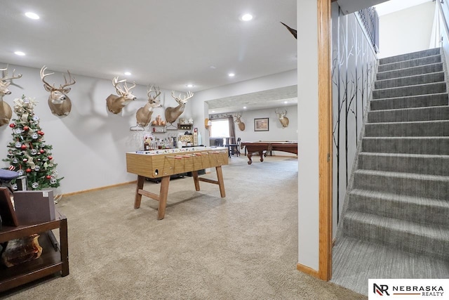 recreation room featuring carpet flooring and billiards