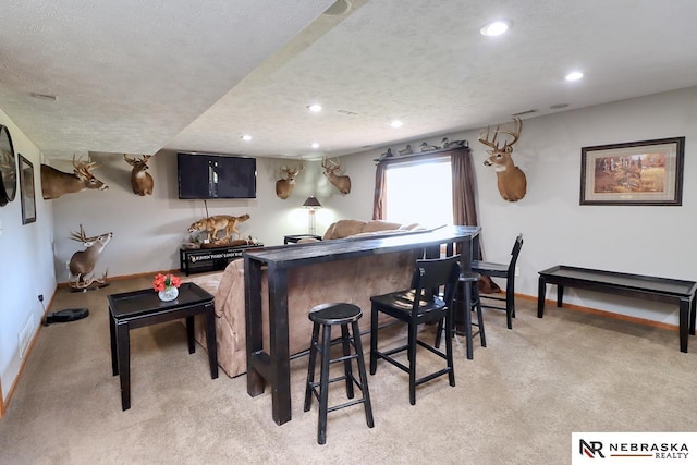 bar with light carpet and a textured ceiling