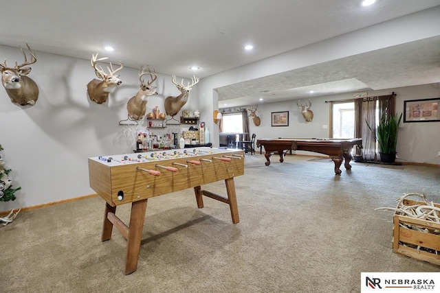 playroom with a wealth of natural light, carpet floors, and billiards