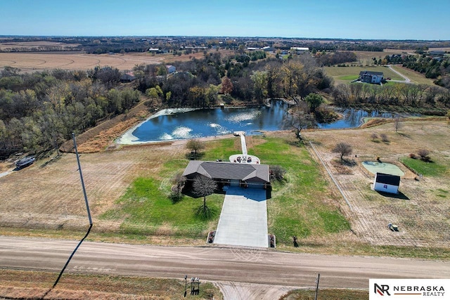 aerial view featuring a rural view and a water view