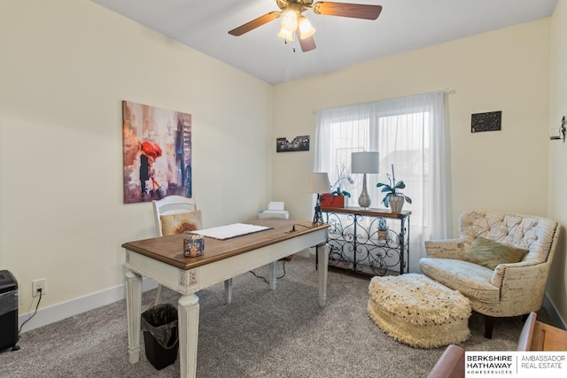 office area featuring ceiling fan and carpet floors