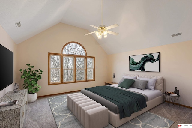 carpeted bedroom featuring ceiling fan and lofted ceiling