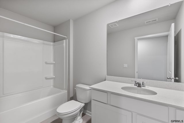 full bathroom featuring vanity, wood-type flooring,  shower combination, and toilet