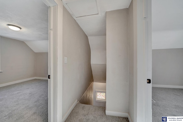 interior space with carpet flooring, a textured ceiling, and vaulted ceiling