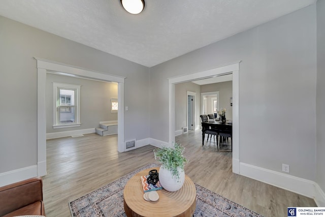 living room featuring a textured ceiling and light hardwood / wood-style flooring