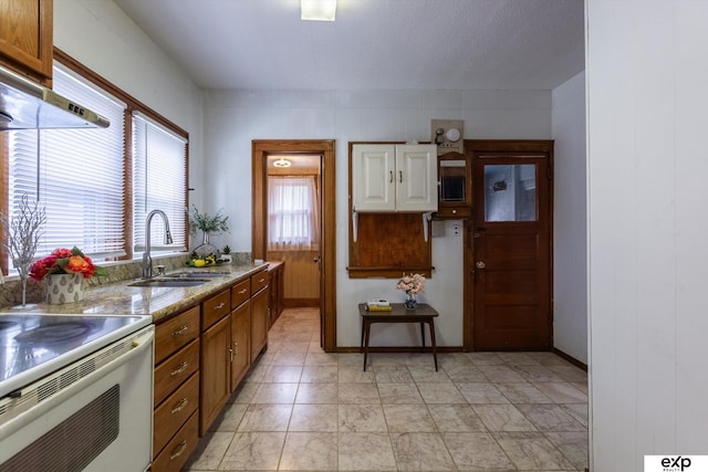 kitchen featuring light stone countertops, stove, a wealth of natural light, and sink