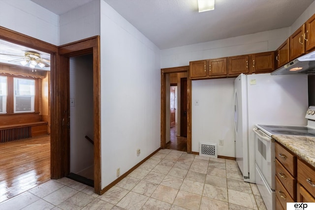 kitchen with white range with electric stovetop, ceiling fan, and radiator heating unit