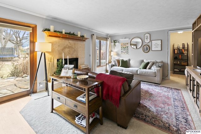 living room with a healthy amount of sunlight, ornamental molding, a fireplace, and light hardwood / wood-style flooring