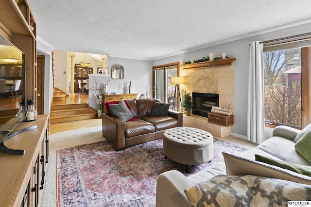 living room with ornamental molding and a tile fireplace