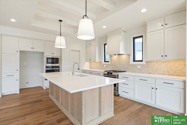 kitchen featuring white cabinets, premium range hood, a kitchen island with sink, and stainless steel appliances