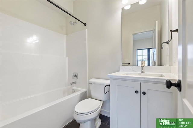 full bathroom with shower / tub combination, vanity, and toilet