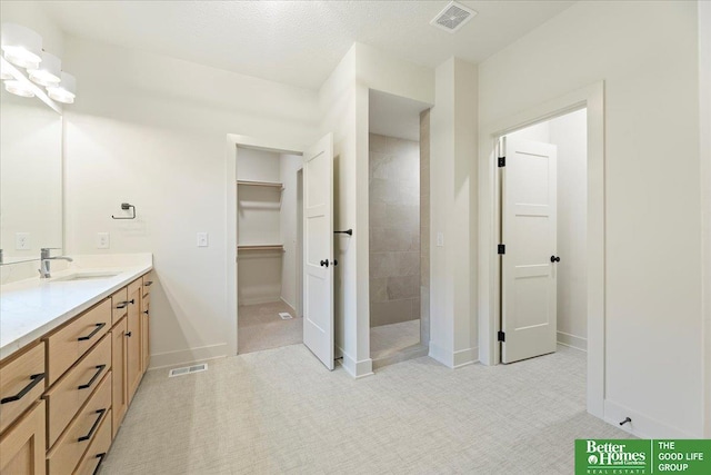 bathroom with a shower, vanity, and a textured ceiling