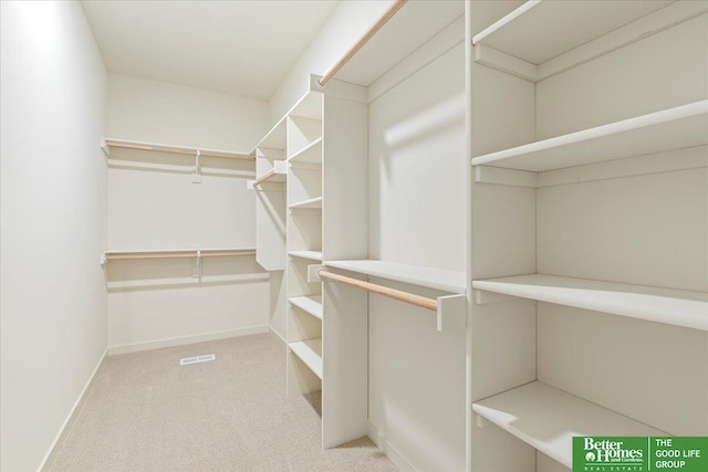 spacious closet featuring light carpet