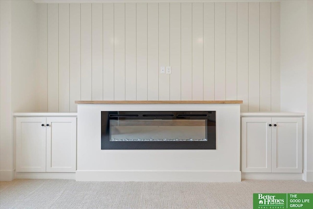 room details with carpet floors and a glass covered fireplace