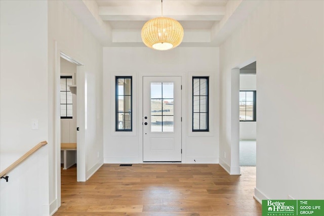 entryway featuring light hardwood / wood-style floors and a tray ceiling