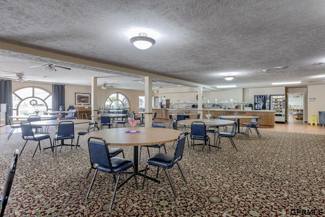 dining area featuring ceiling fan and a textured ceiling