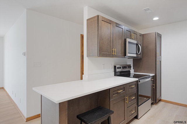 kitchen with dark brown cabinetry, light hardwood / wood-style flooring, kitchen peninsula, a kitchen bar, and appliances with stainless steel finishes