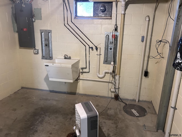 basement with electric panel and sink