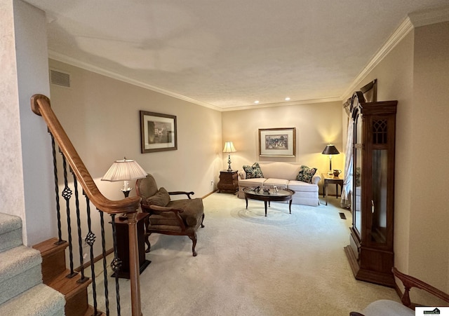 carpeted living room featuring ornamental molding