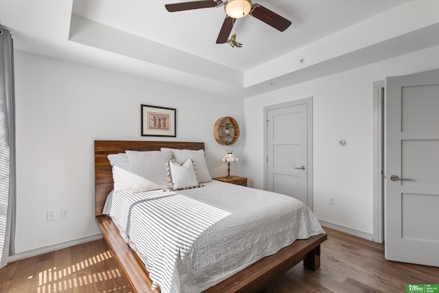 bedroom with a tray ceiling, hardwood / wood-style flooring, and ceiling fan