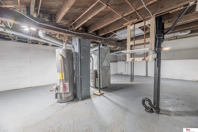 basement featuring heating unit and gas water heater