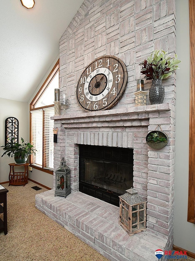 details with a fireplace and carpet