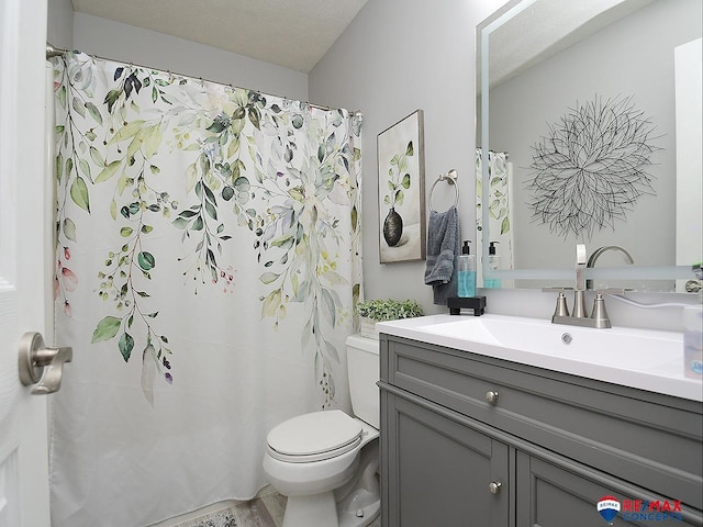 bathroom with hardwood / wood-style floors, vanity, a textured ceiling, and toilet