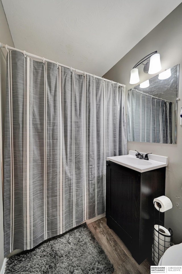 bathroom featuring hardwood / wood-style flooring and vanity