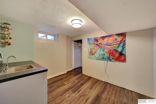 interior space with a textured ceiling, dark hardwood / wood-style floors, and sink